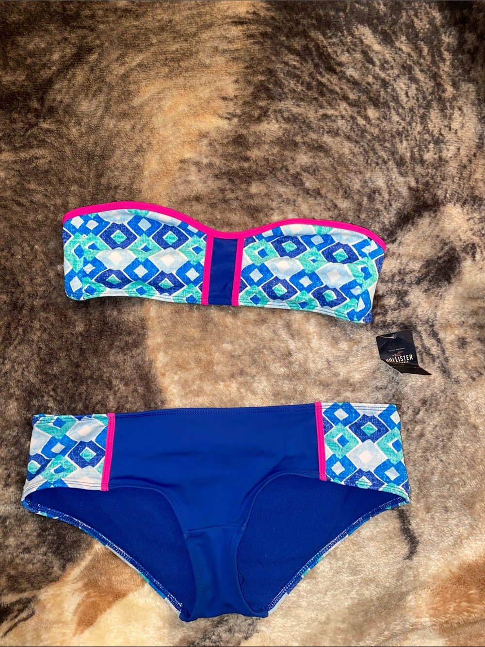 Hollister Blue Geometric Bandeau Bikini with Pink Trim